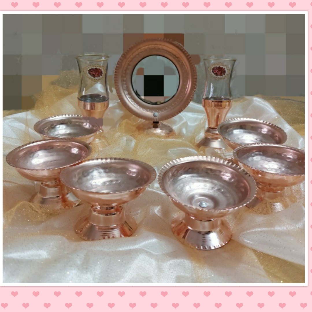 هفت سین مسی 9 تکه با آینه و شمعدان طرح قجری یا شاه عباسی