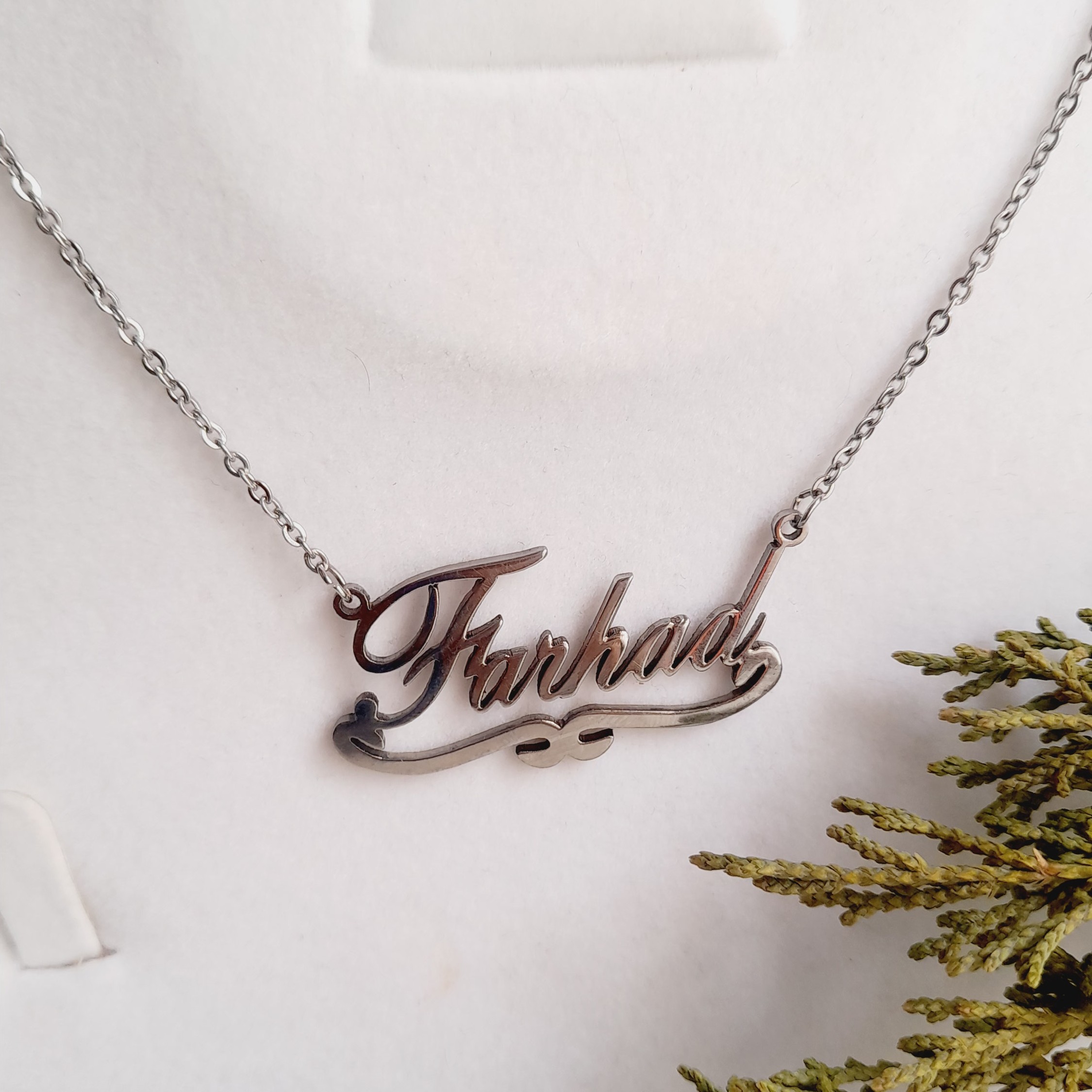 گردنبند مردانه و زنانه پلاک زنجیر استیل اسم فرهاد نقره ای رنگ 