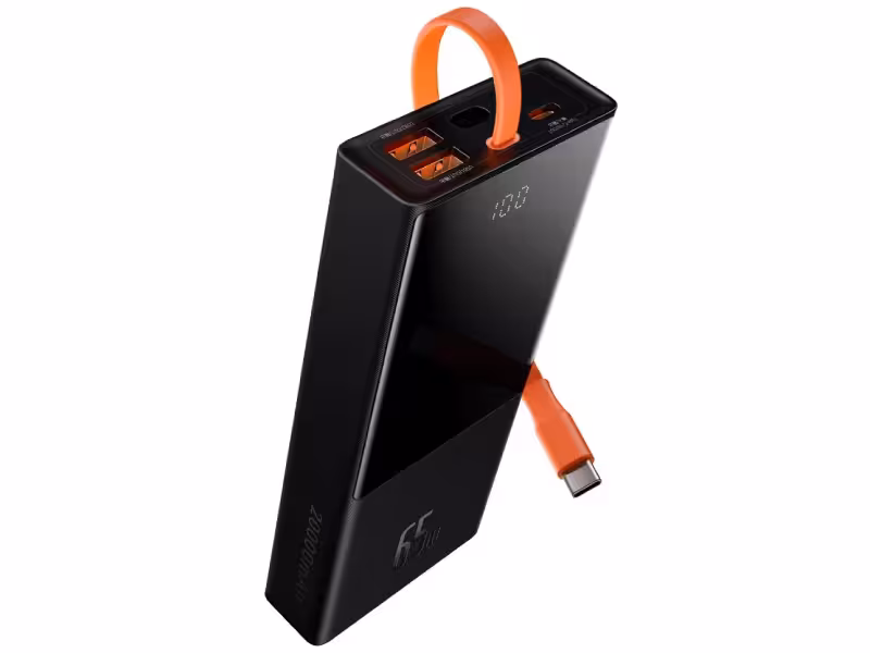 پاوربانک فست شارژ 20000 میلی آمپر بیسوس Elf Digital Display PPJL000001 توان 65 وات با کابل متصل تایپ سی