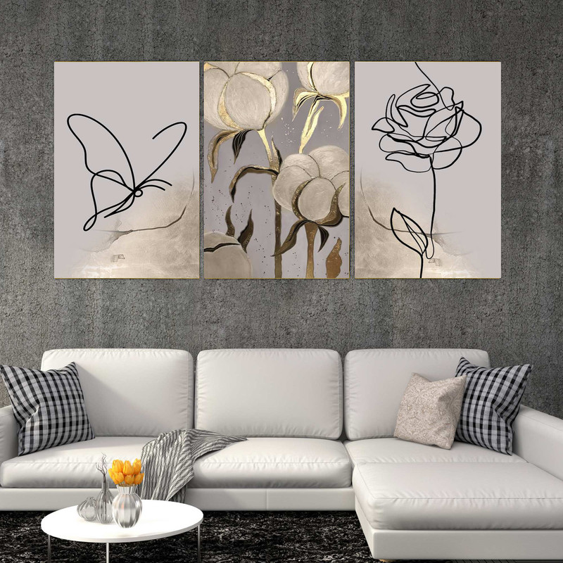 تابلو شاسی دنیای قابطرح نقاشی مدرن مینیمال گل و پروانه مدل SH-1558 مجموعه 3 عددی | دنیای قاب