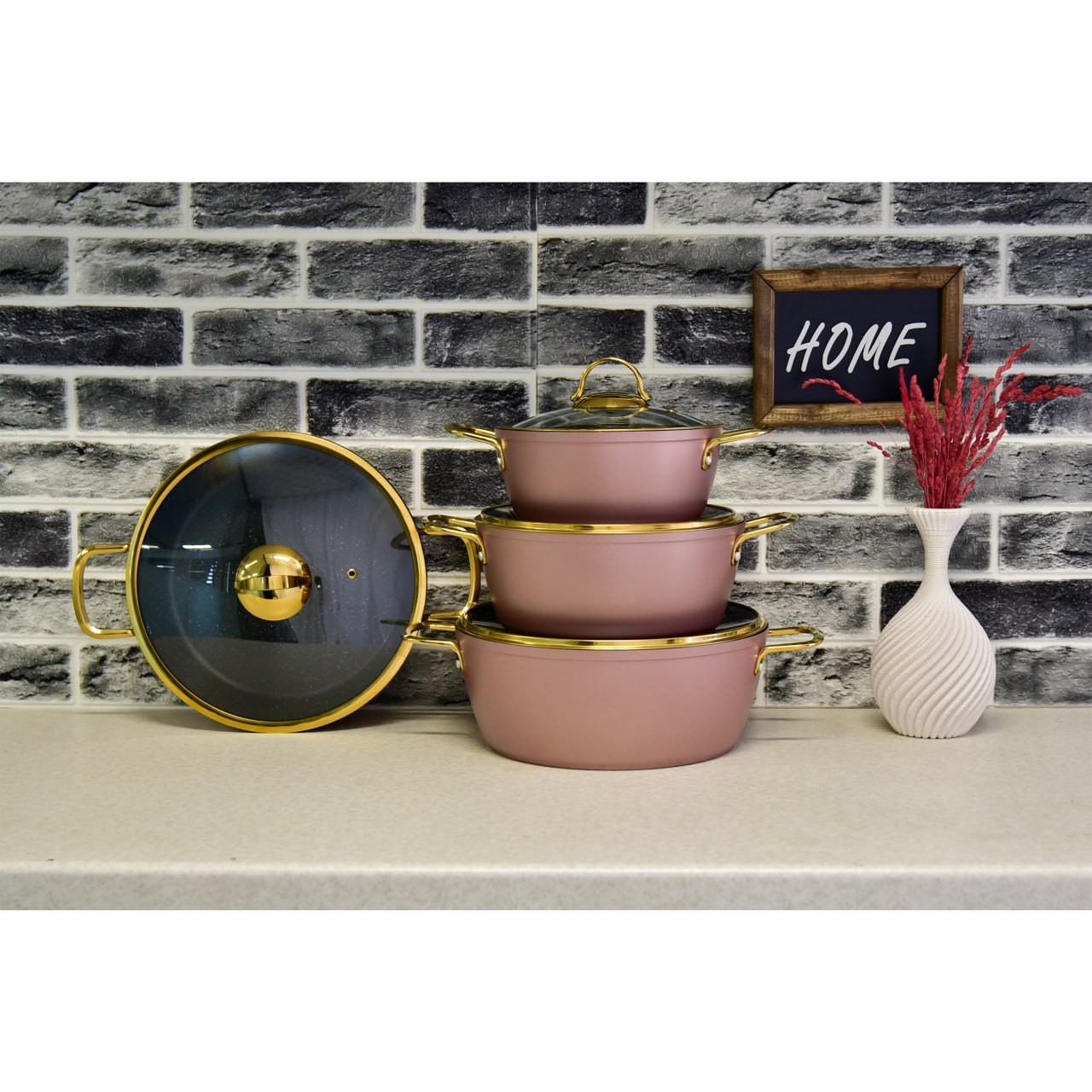 سرویس قابلمه 8 پارچه  رزگلد با درب منحنی طلایی ( یونیک ) 8319