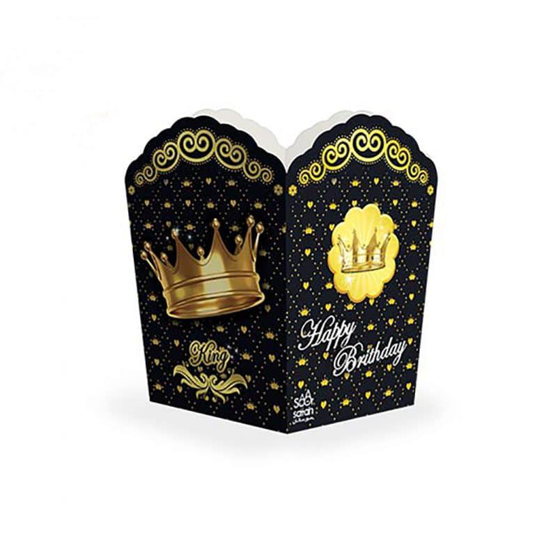 جعبه پاپ کورن تم تولد تاج مشکی طلایی