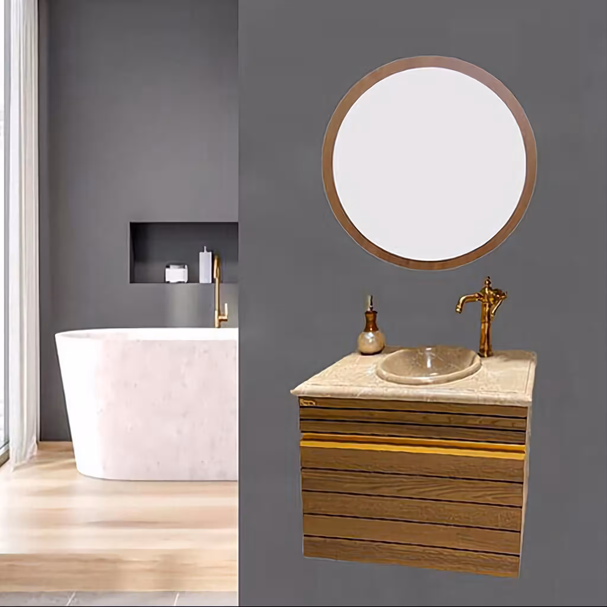روشویی کابینتی با آنتیک چوب و دستگیره طلایی با سنگ طبیعی و آینه گرد