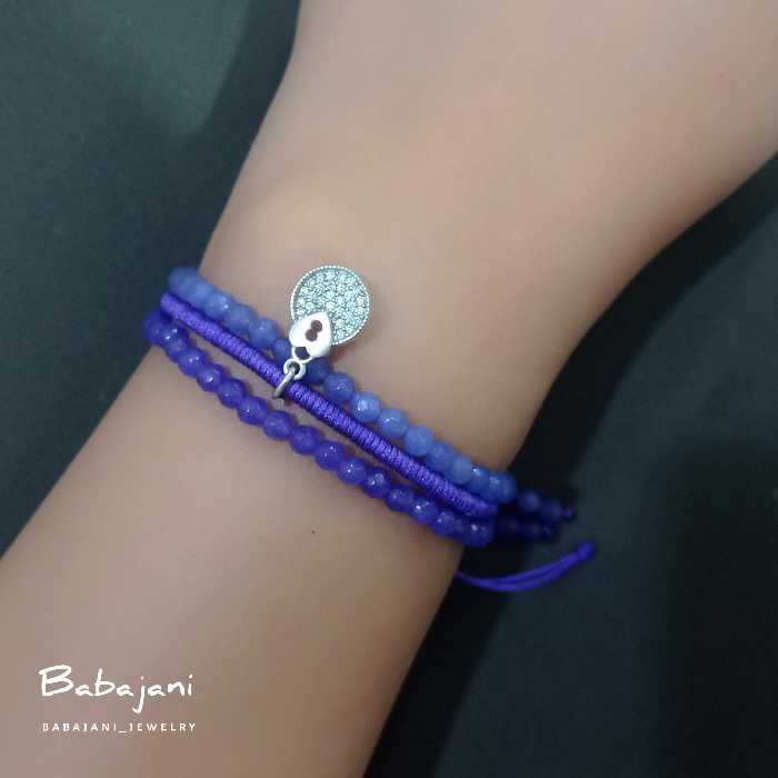 دستبند ست باباجانی رنگ بنفش با آویز  قلب جواهری از جنس نقره 925