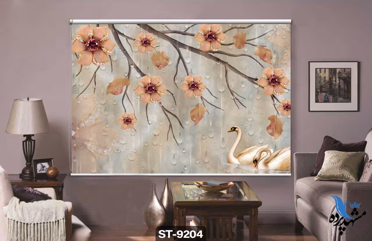 پرده شیدرول تصویری طرح فانتزی گل و قو کد ST9204