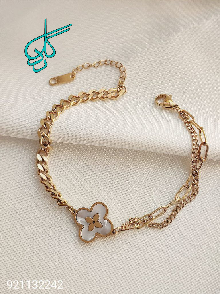 خرید دستبند استیل رنگ ثابت طرح گل چهارپر کد 1215375 - ردگل