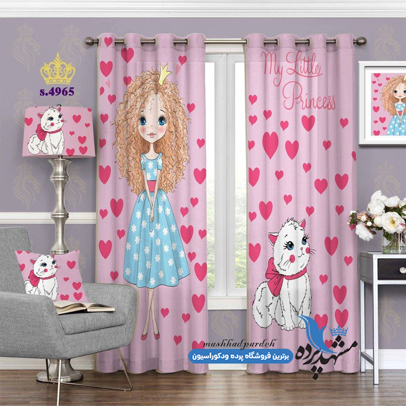 پرده پانچ دخترانه طرح دختر و گربه کد s-4965
