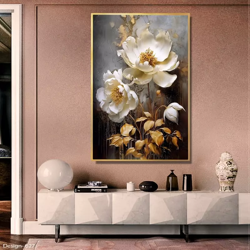 تابلو دکوراتیو مدرن طلایی  گلهای سفید با برگهای طلایی یک تیکه | دنیای قاب