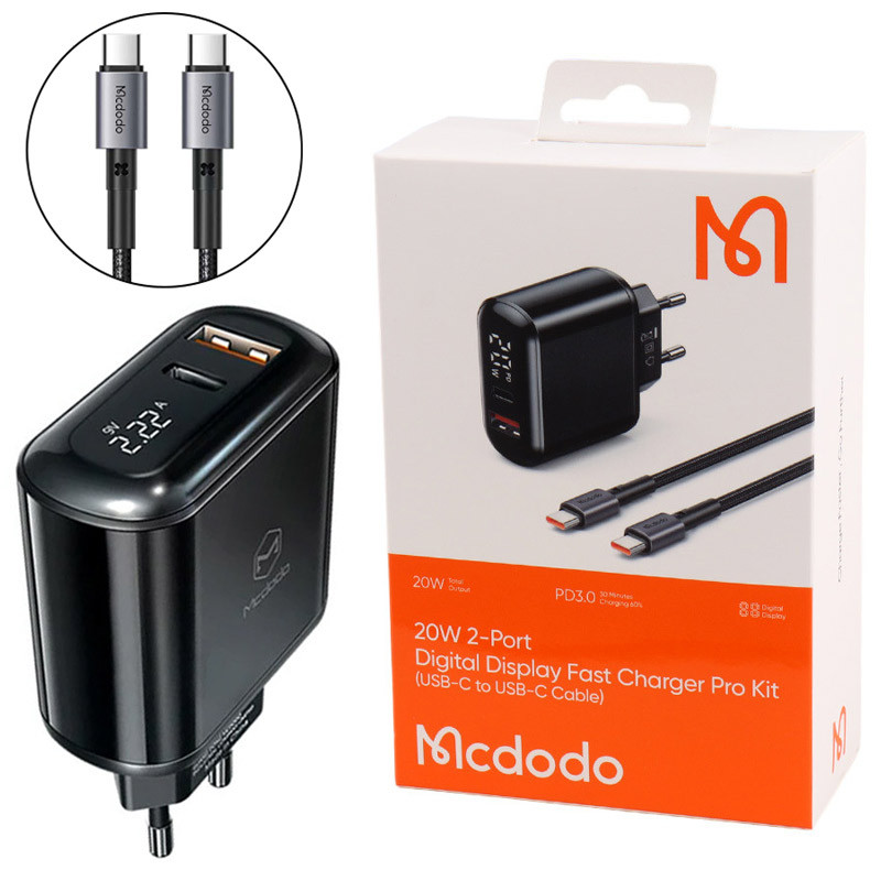 شارژ فست 2پورت مک دودو مدل LCH-717 QC3.0 PD 3A 20W با کابل Type-CMcdodo LCH-717 QC3.0 PD 3A 20W Fast Wall Charger