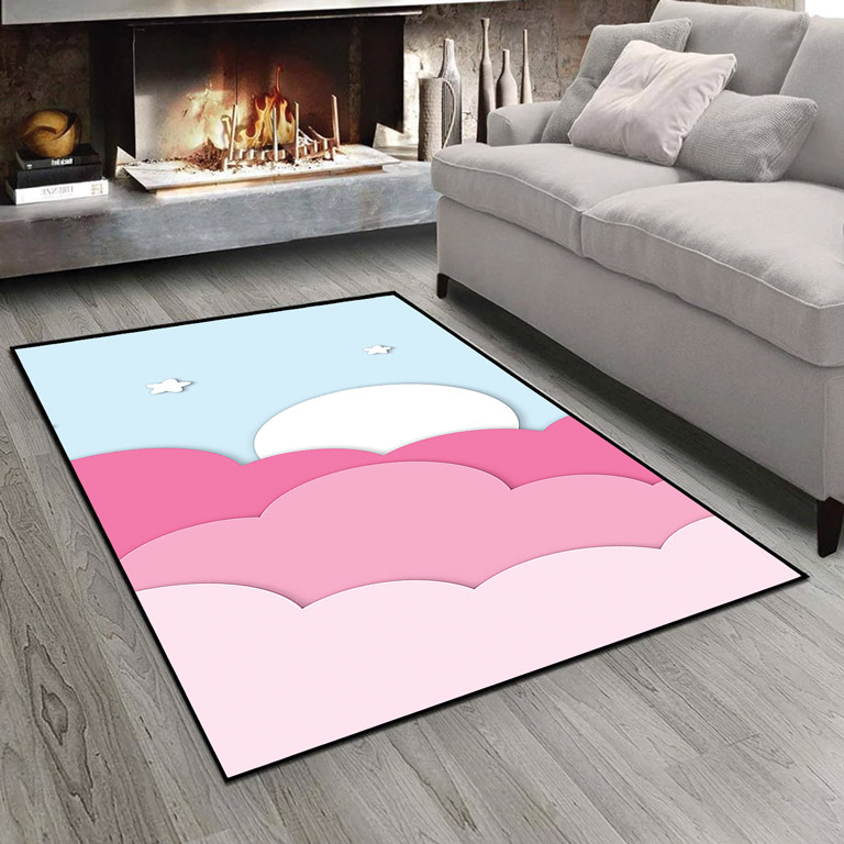 فرش چاپی طرح کودکانه ابر های صورتی و ماه و ستاره pk-3317b