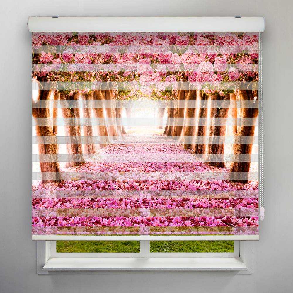 پرده زبرا طرح طبیعت درختان شکوفه صورتی کد NAT-14 سایز 160X180 سانتی متر