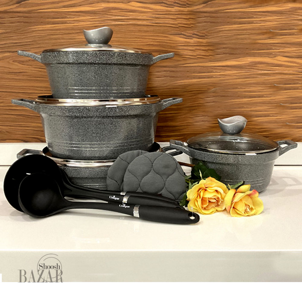 سرویس قابلمه 11 پارچه طوسی نقره ای کلاسیک یونیک کد 7706