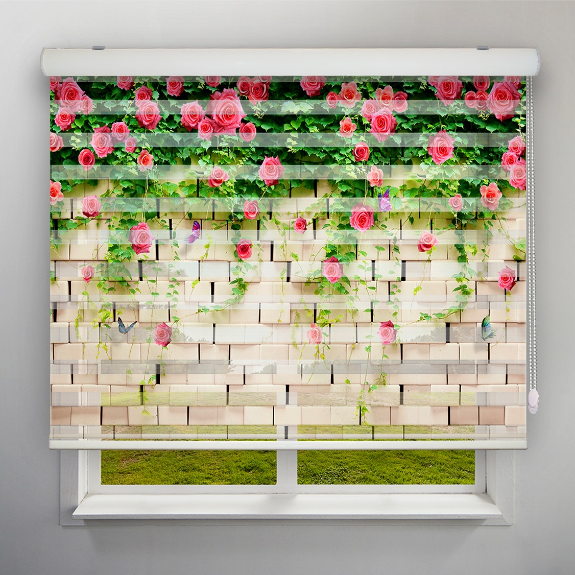 پرده زبرا مدل 3D دیوار و گل های رز کد FLW-26 سایز 160x180 سانتی متر