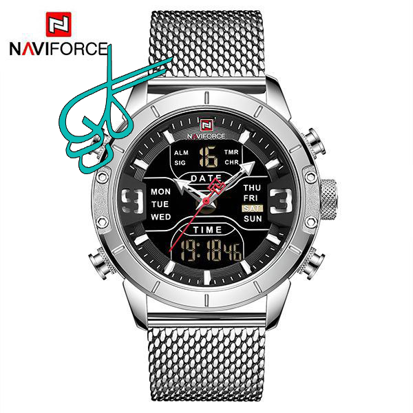 خرید ساعت مردانه مارک Naviforce 9153 حصیری ضدآب موتور ژاپن تقویم دار جس بند استیل با کیفیت چراغ دار دو زمانه دارای روز شمار کد 1919643 - ردگل