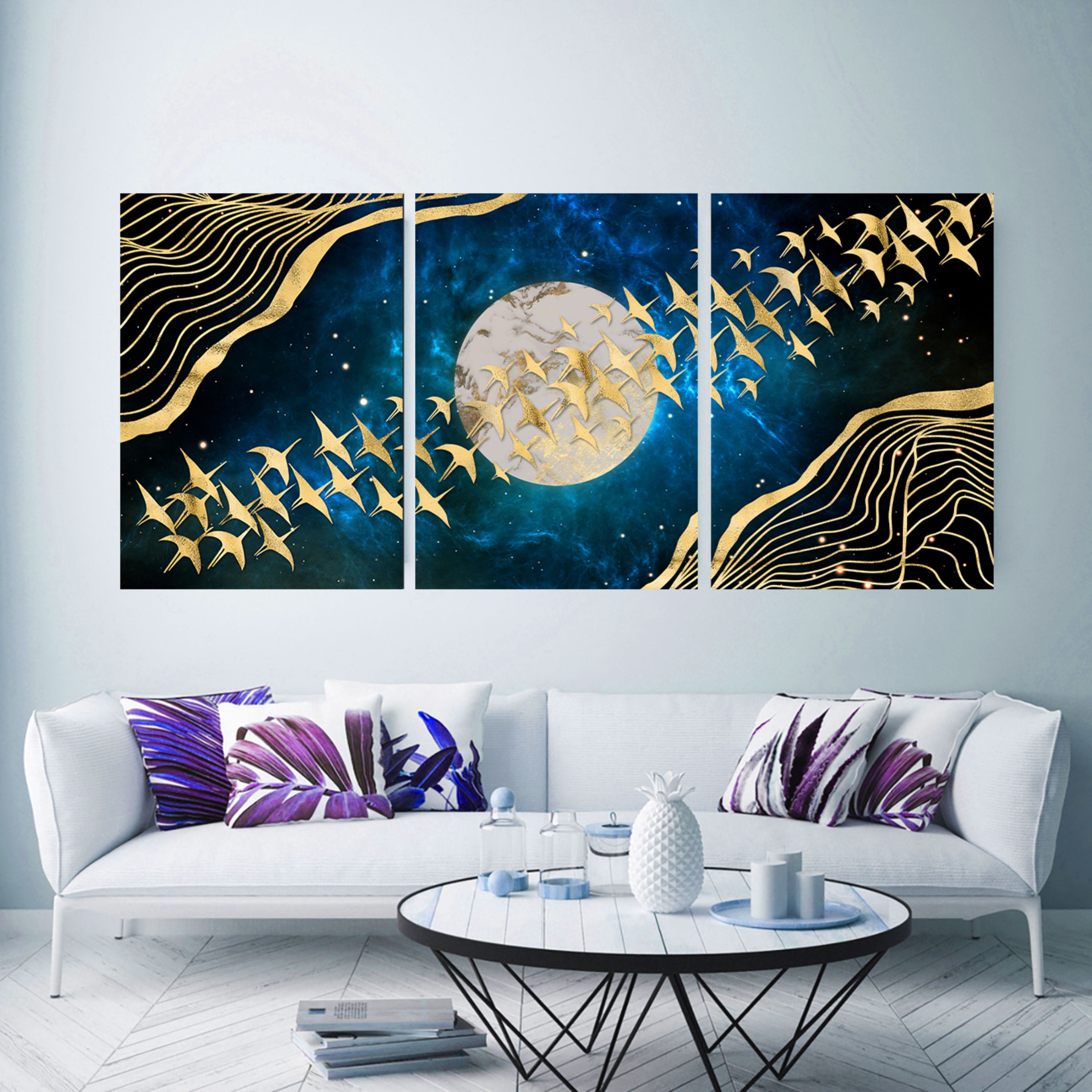 تابلو بوم طرح ماه و پرنده  مجموعه 3 عددی