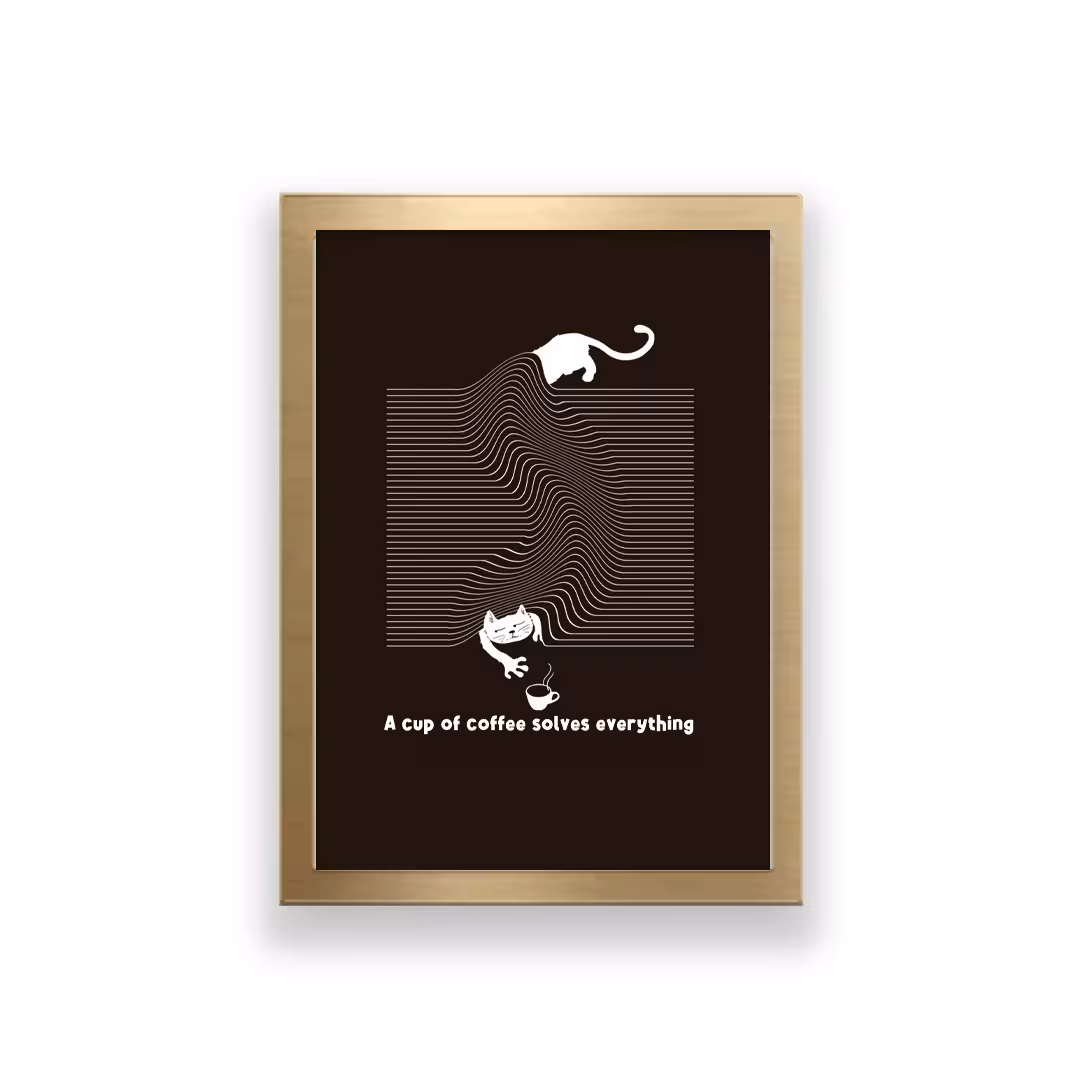 تابلو طرح گربه a cup of coffee solves everything 