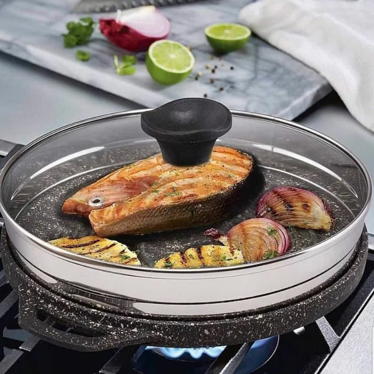تابه گریل چدن دو طرفه رژیمی گرد درب دار