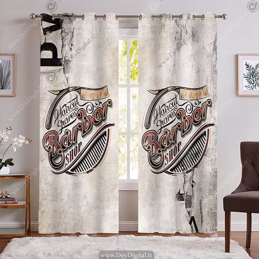 پرده پانچی طرح وکتوری آرایشگاه مردانه با زمینه سیمانی BA-9602-s