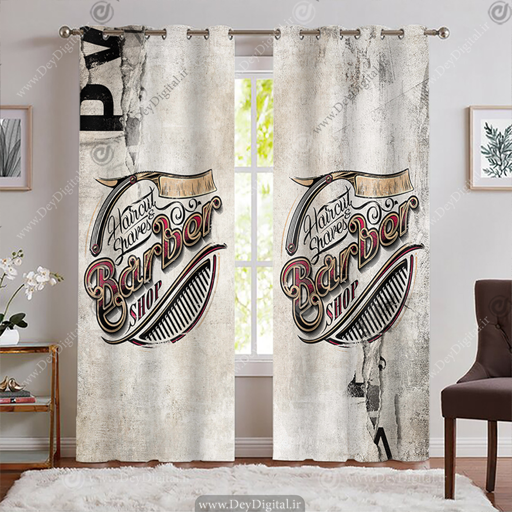 پرده پانچی طرح وکتوری آرایشگاه مردانه با زمینه سیمانی BA-9602-s