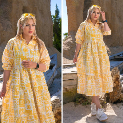 پیراهن ساحلی زنانه نخی لنین مدل ایزابلا هندسی