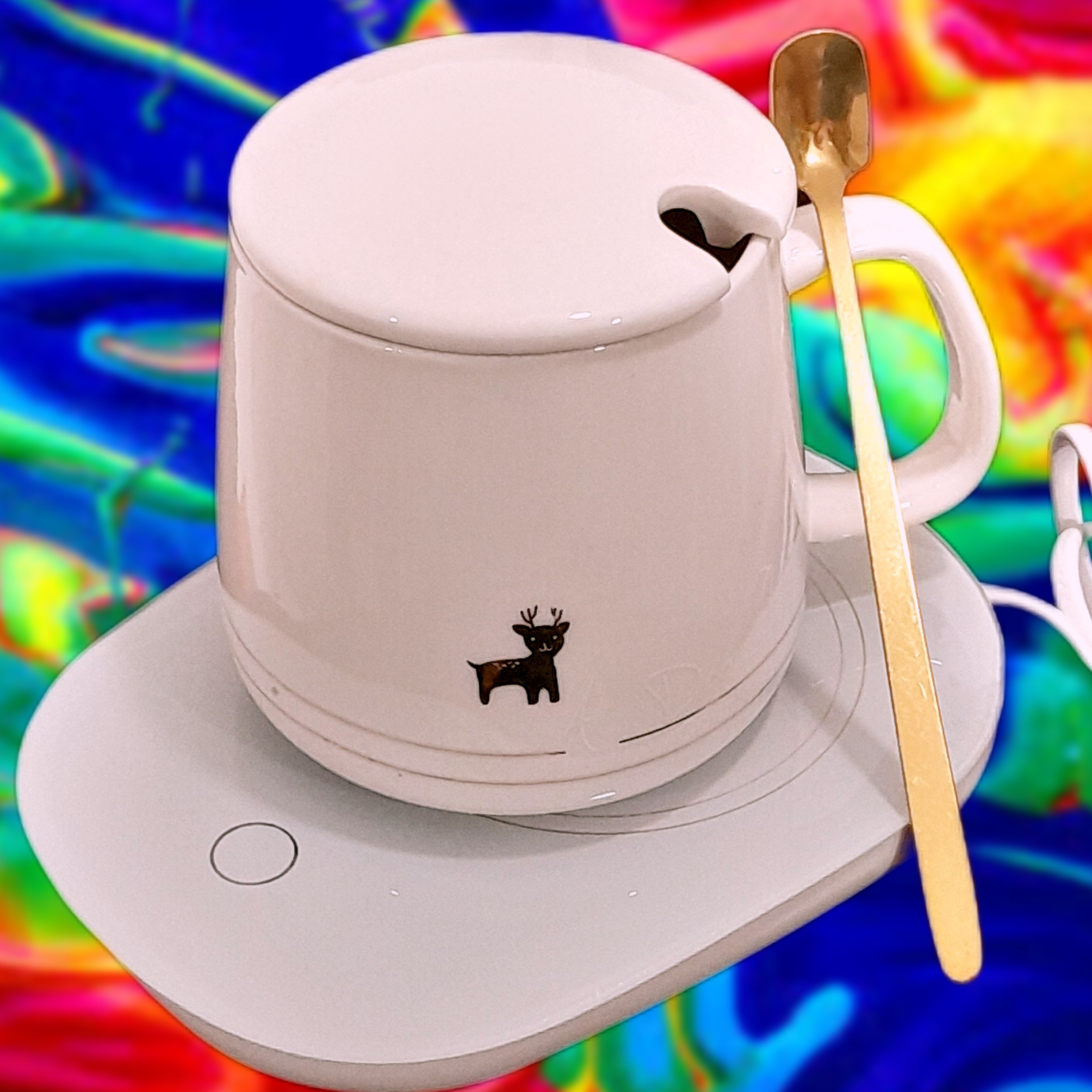 ماگ هیتر دار طرح گوزنی سفیدرنگ سرامیکی براق وارداتی جعبه کادویی