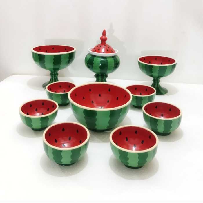 سرویس پذیرایی 10پارچه سفالی مدل یلدا طرح هندوانه کد 02