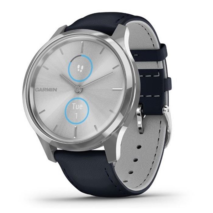 ساعت هوشمند گارمین مدل vívomove Luxe Silver Stainless Steel با بند Navy Italian leather