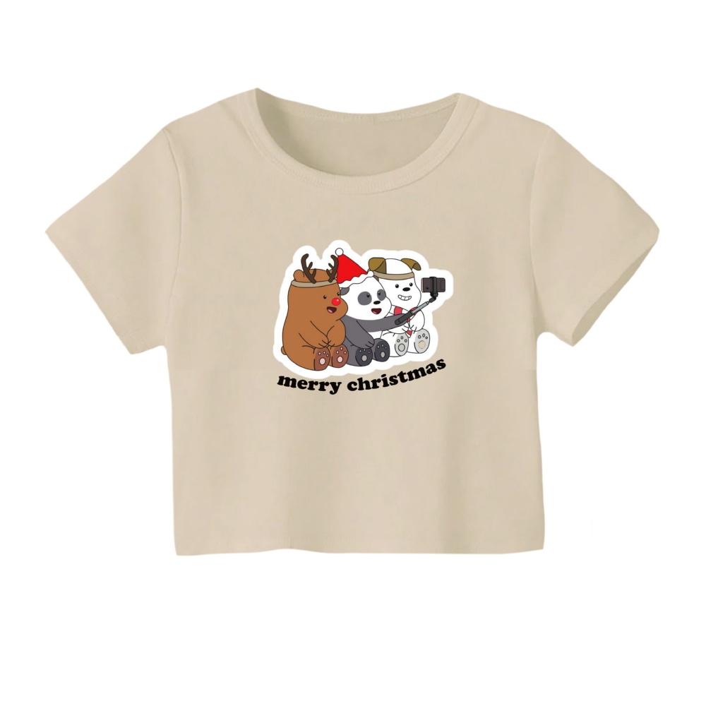 کراپ تیشرت آستین کوتاه زنانه مدل خرس کریسمس کد 3 رنگ کرم