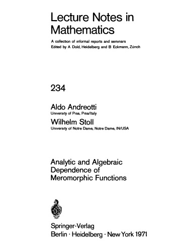 خرید و دانلود نسخه کامل کتاب Analytic And Algebraic Dependence Of Meromorphic Functions