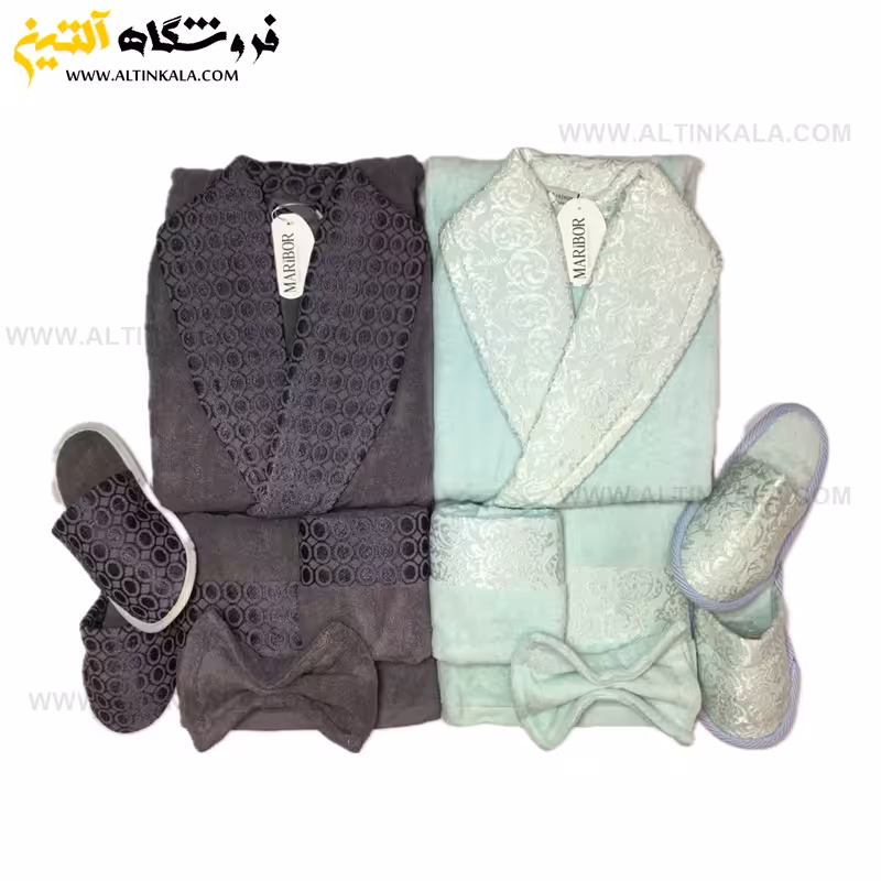 سرویس حوله عروس و داماد 12تکه یقه ابریشم برند MARIBOR