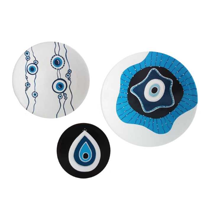 بشقاب دیوارکوب سفالی طرح چشم نظر مجموعه 3 عددی