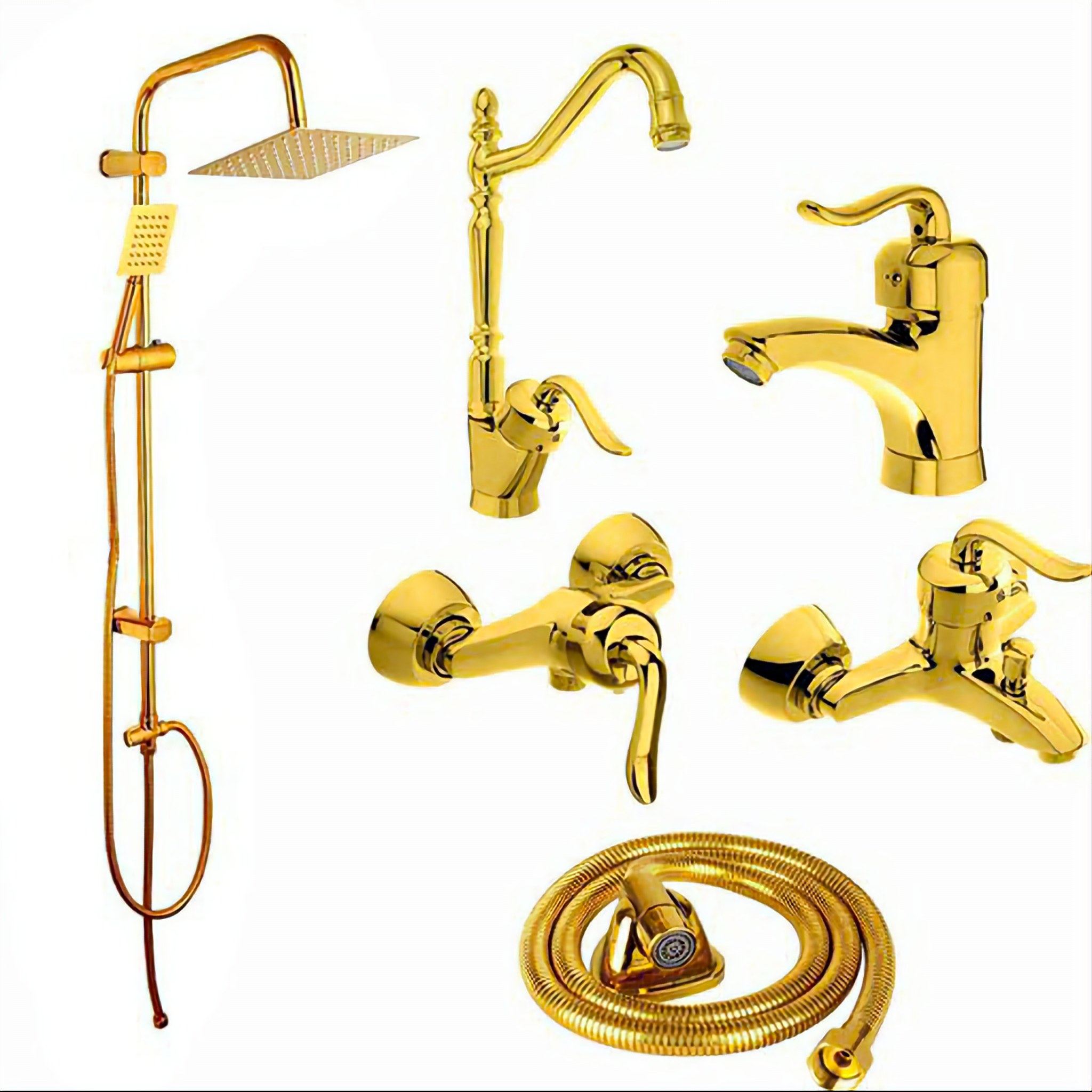 ست 6 تیکه شیرآلات قاجاری طلایی همراه علم دوش دوکاره حمام و شلنگ توالت
