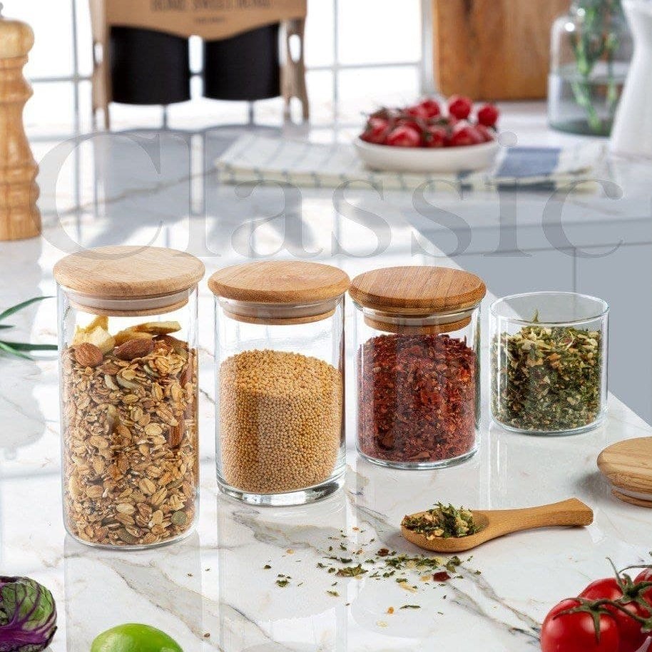 بانکه ادویه شیشه ای درب چوبی واشر دار در 4سایز متفاوت