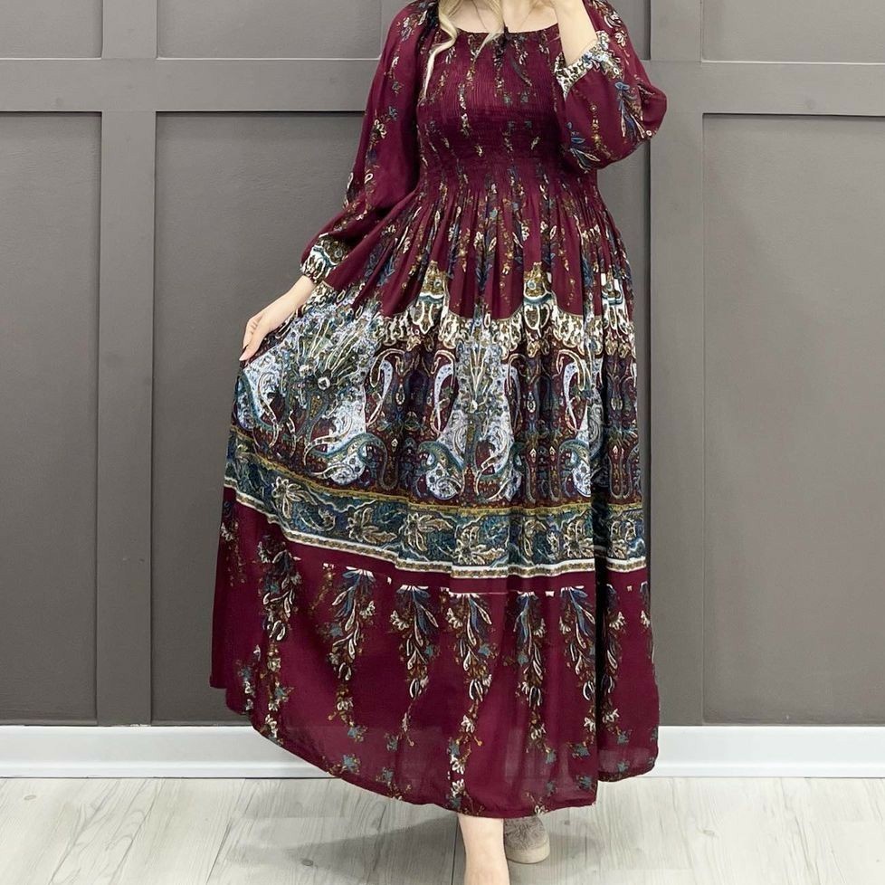 پیراهن نخی هندی زنانه وارداتی قواره دار کاری شیک باتن پوشی زیبا