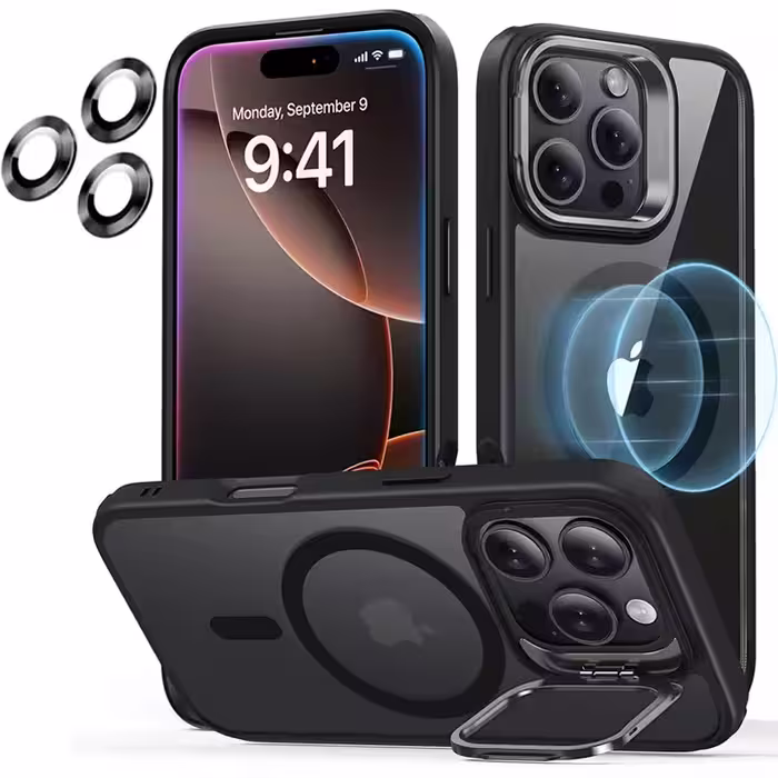 قاب اورجینال IPHONE 16 Pro مگ سیف دار مدل Metal Stand   محافظ لنز رینگی ست