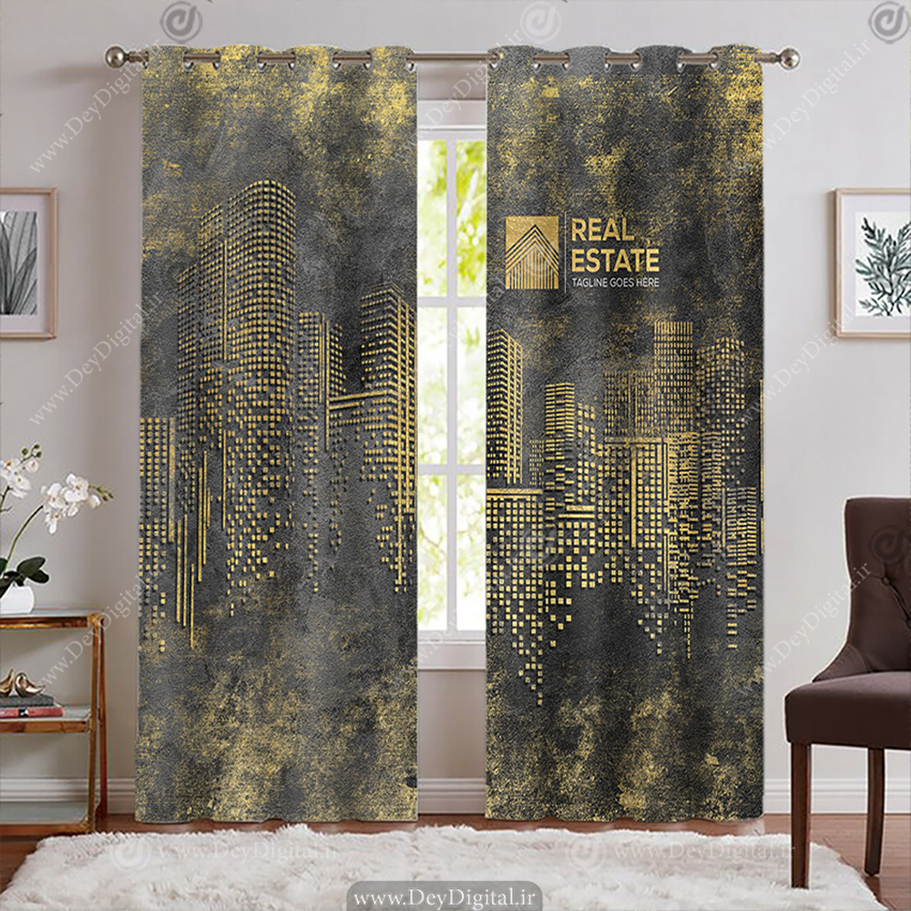 پرده پانچی طرح ساختمانهای شهری با پتینه طلایی BA-8522-s