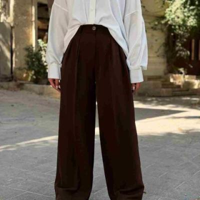 شلوار فول بگ پارچه ای قهوه ای پشت کش با رنگبندی