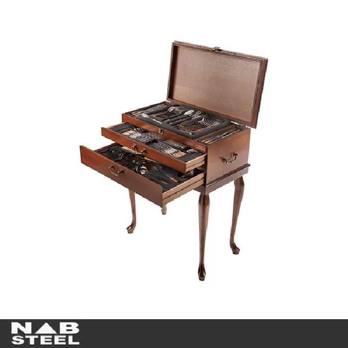 سرویس قاشق و چنگال ناب استیل 136 پارچه مدل فلورانس دور طلایی PVD جعبه چوبی پایه دار