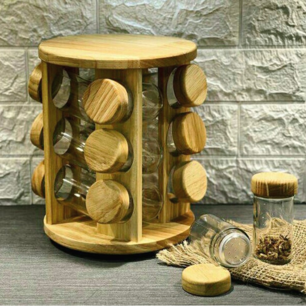 ست دوازده پارچه جا ادویه چرخشی با درب چوب بامبو