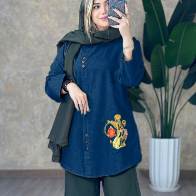 تونیک مانتویی گلدوزی جلو دکمه