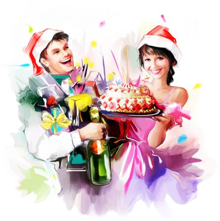 خرید و دانلود عکس نقاشی آبرنگ زن و مردی در حال جشن گرفتن تولد | پیک فاکس | Pic Fox