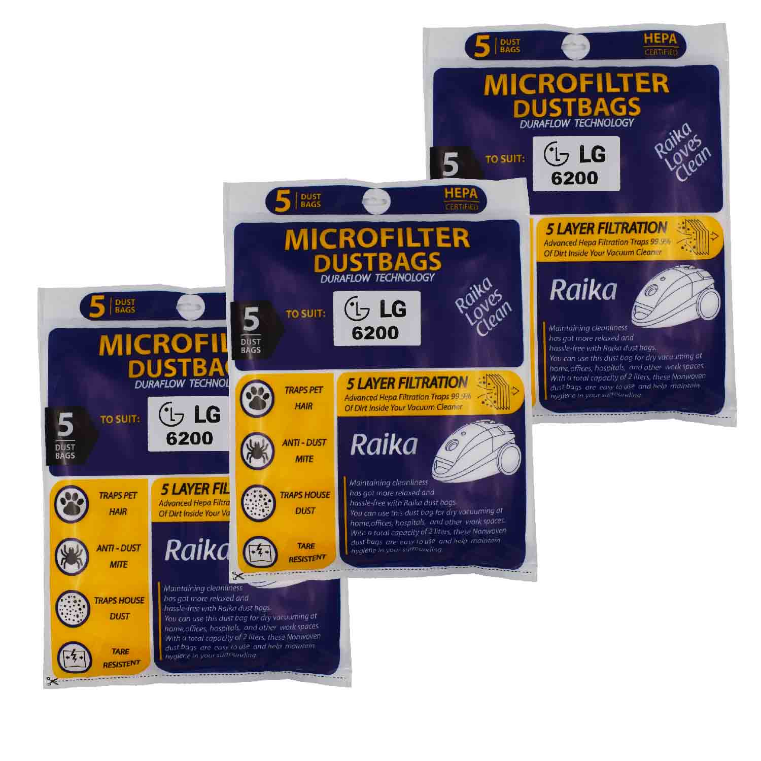 پاکت جاروبرقی رایکا مدل 01 مناسب الجی 6200 سه بسته 5 عددی