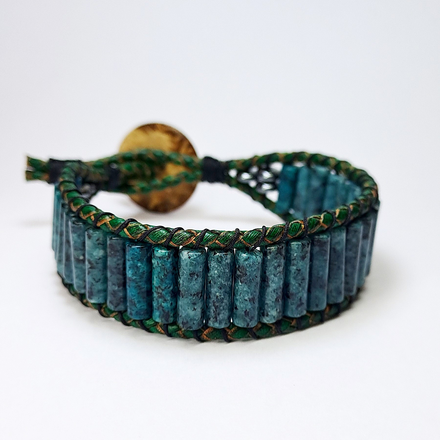 دستبند چرم با سنگ جاسپر استوانه ای