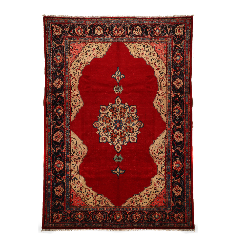 فرش دستباف قدیمی شش متری طرح ترنج دار کف ساده کد 4101154