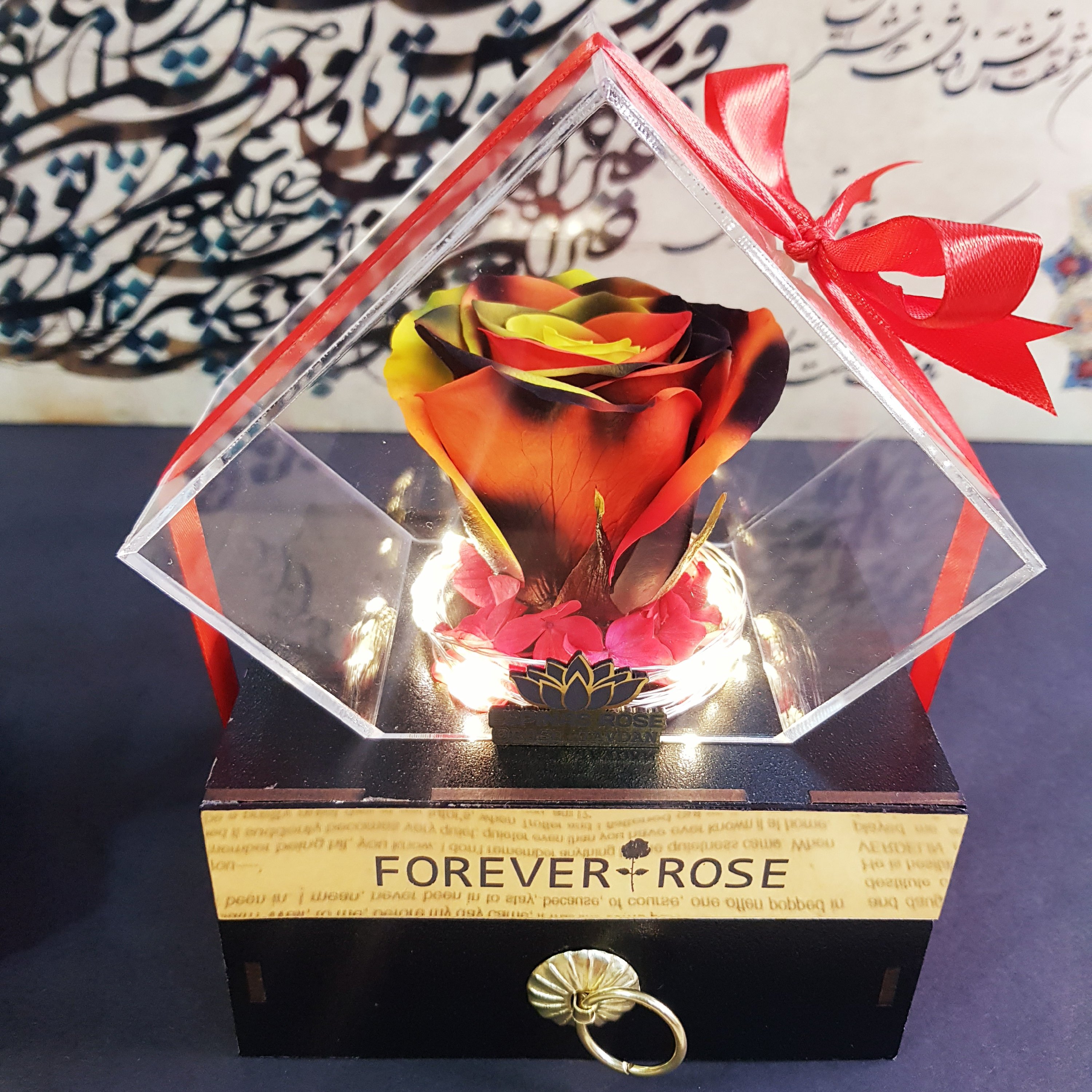 رز جاودان آتیشی همراه باکس کشودار تندیسی و ریسه