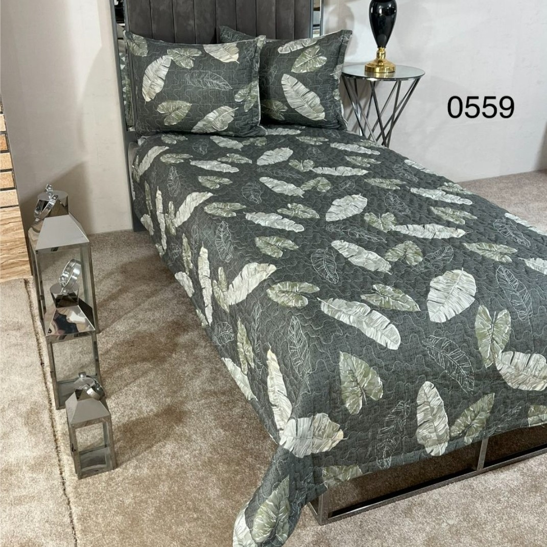 روتختی یک نفره طرحدار گلدوزی دورو سه تکه foliage leaf (ضمانت پرز و رنگ )