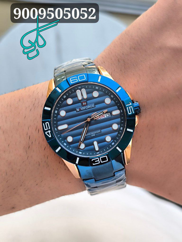 خرید ساعت مارک Naviforce کد9198 موتور ژاپن ضدآب رنگ ثابت دو تقویمه حک مارک روی قفل استیل 316 کیفیت عالی همره با جعبه و پاکت اصلی کد 1920948 - ردگل
