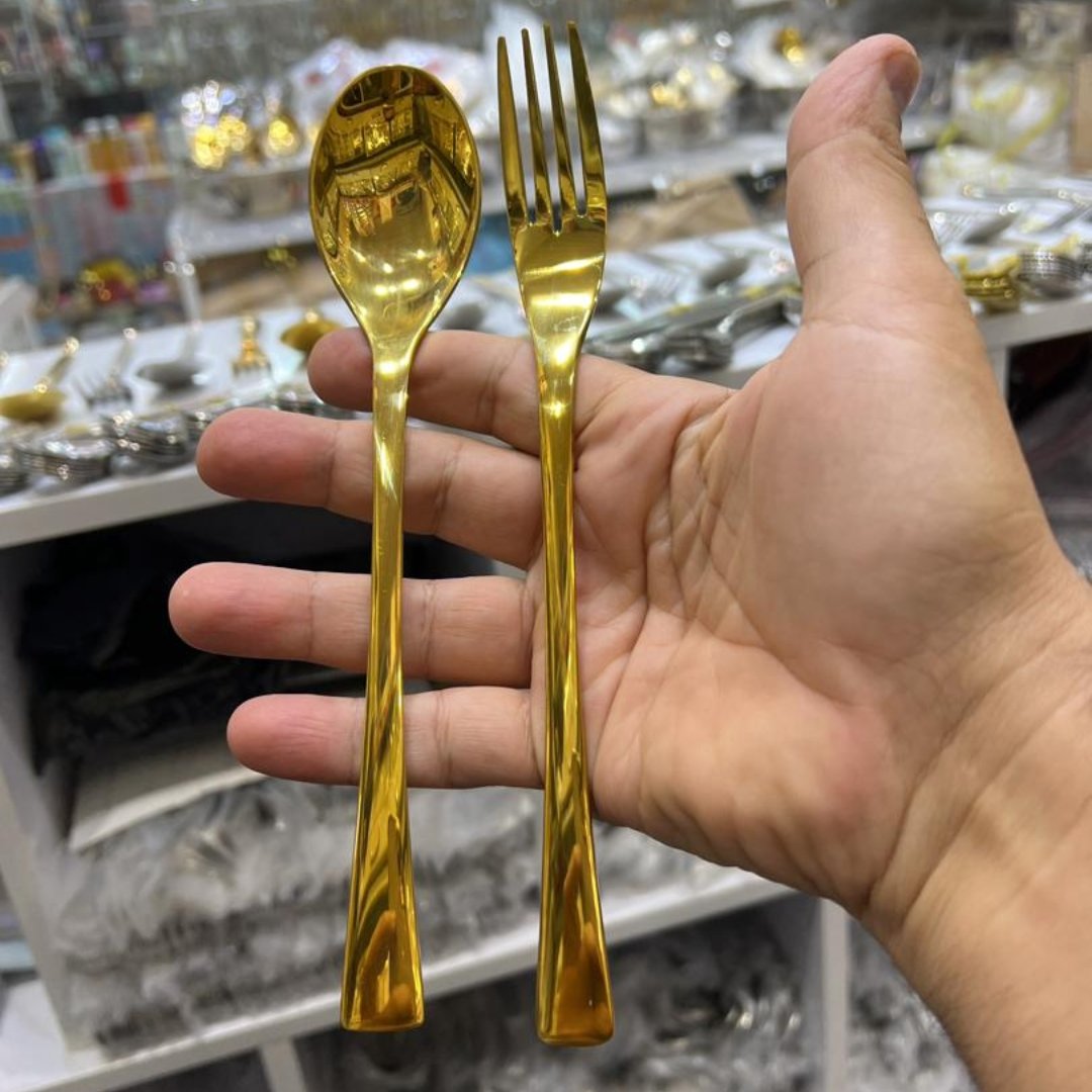 سرویس قاشق چنگال 24 نفره 120 پارچه طلایی یونیک اصل - رنگ ثابت همراه جعبه چرم اصلی