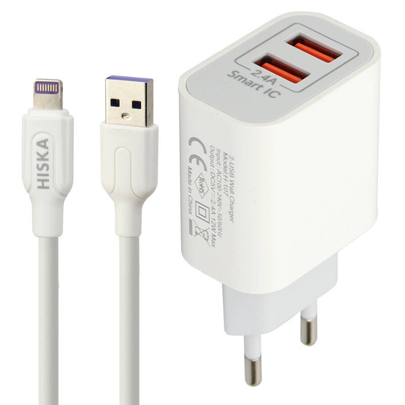 شارژر دیواری فست شارژ Hiska H107 2Port 2.4A 12W   کابل آیفونی