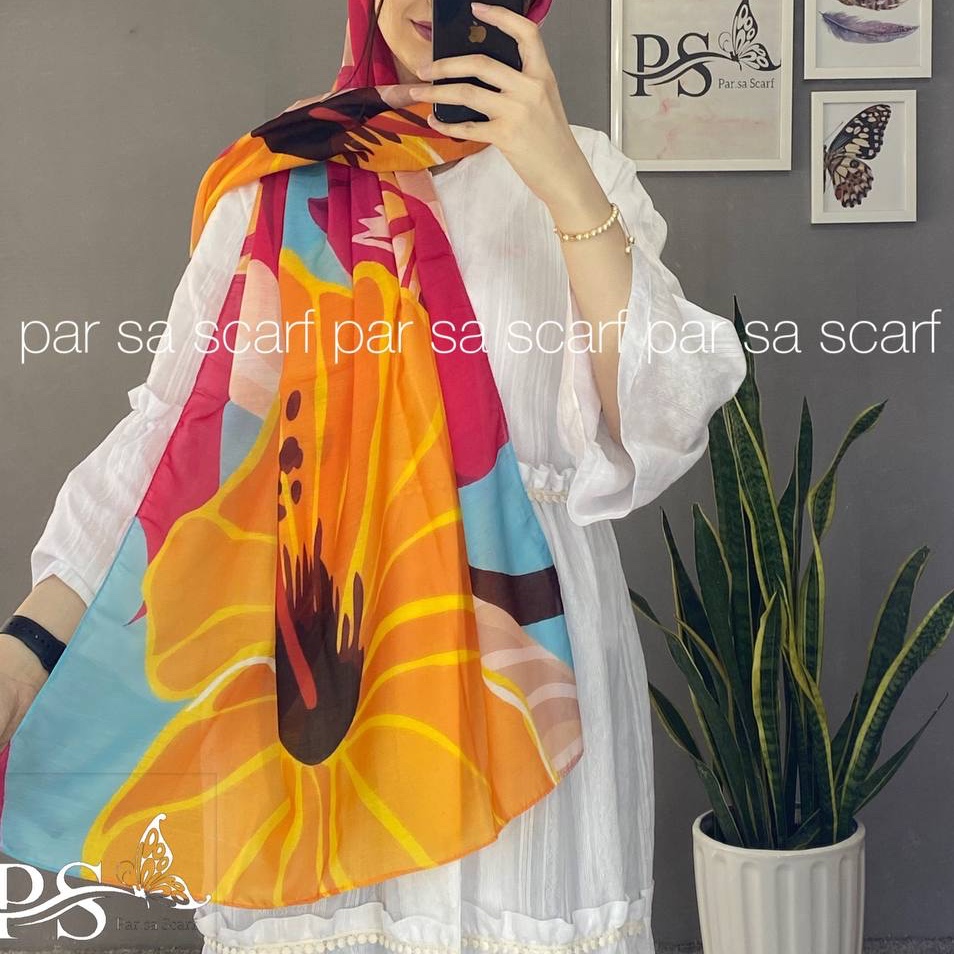 شال نخی آبرنگی با رنگ های آبی سرخابی و نارنجی